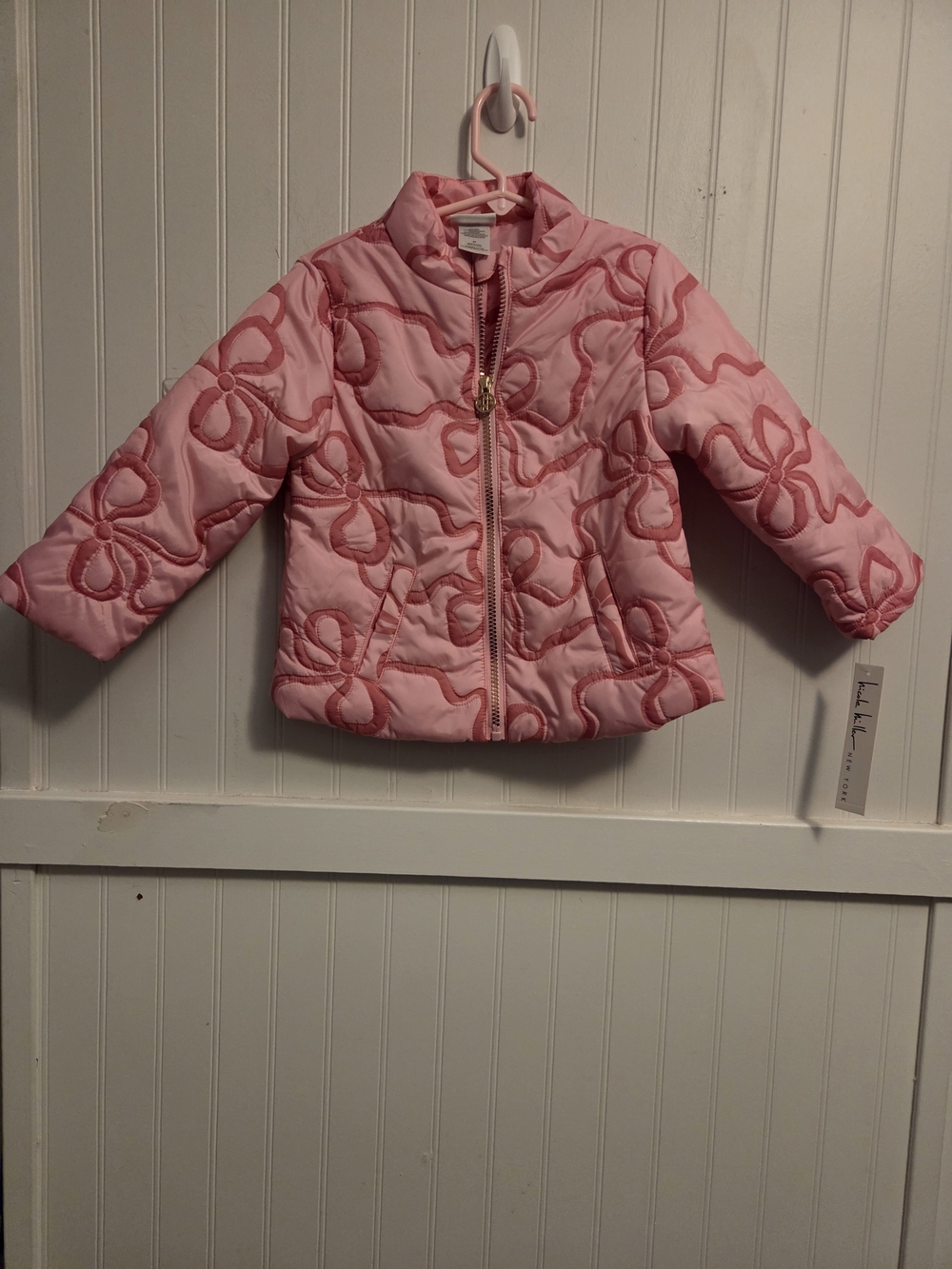 NWT Nicole Miller Girls' Pink Quilted Bow-Pattern Puffer Jacket Size 3T